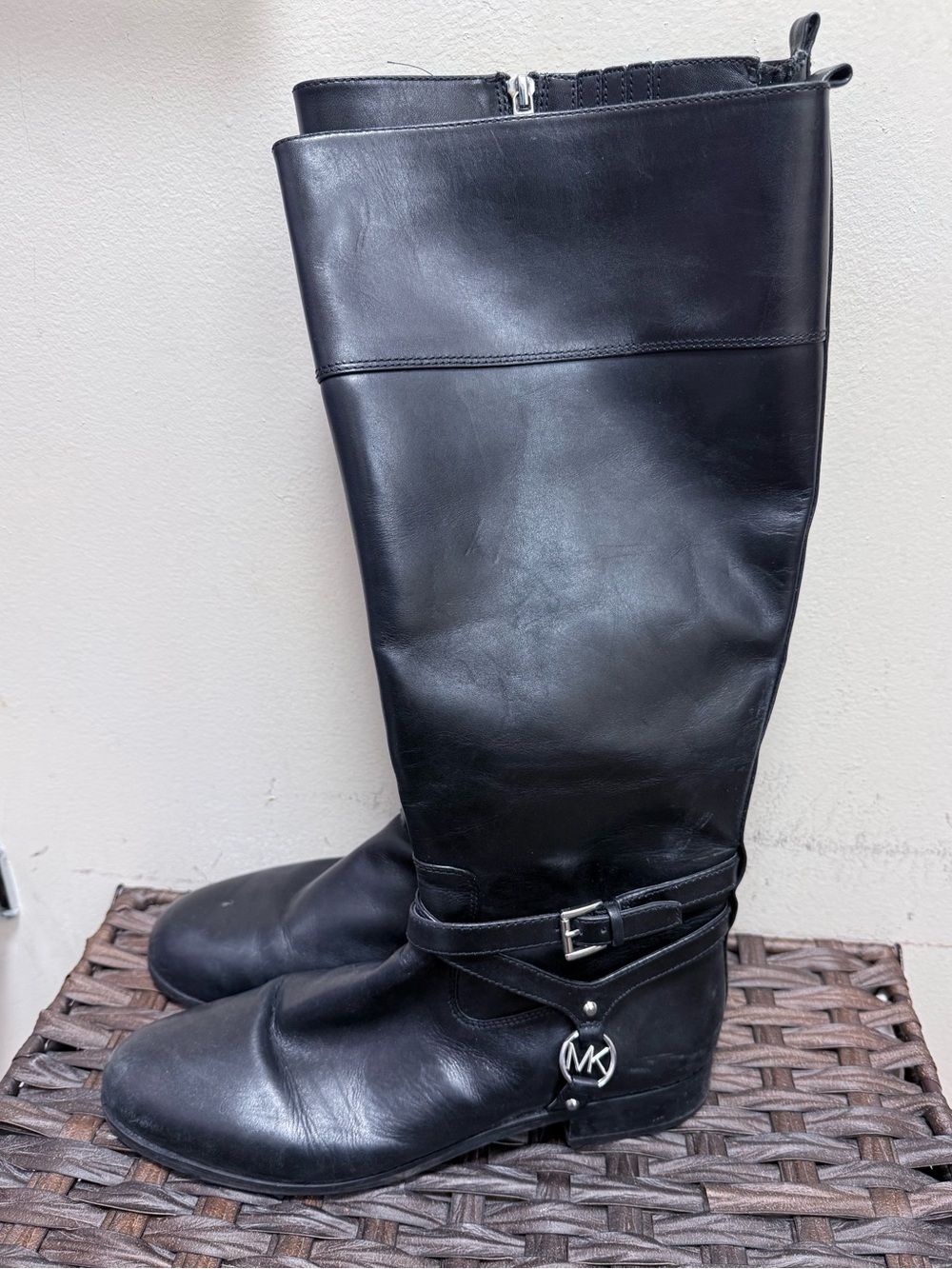 Michael Kors Black Leather Knee-High Riding Boots, Wide Shaft Size 11